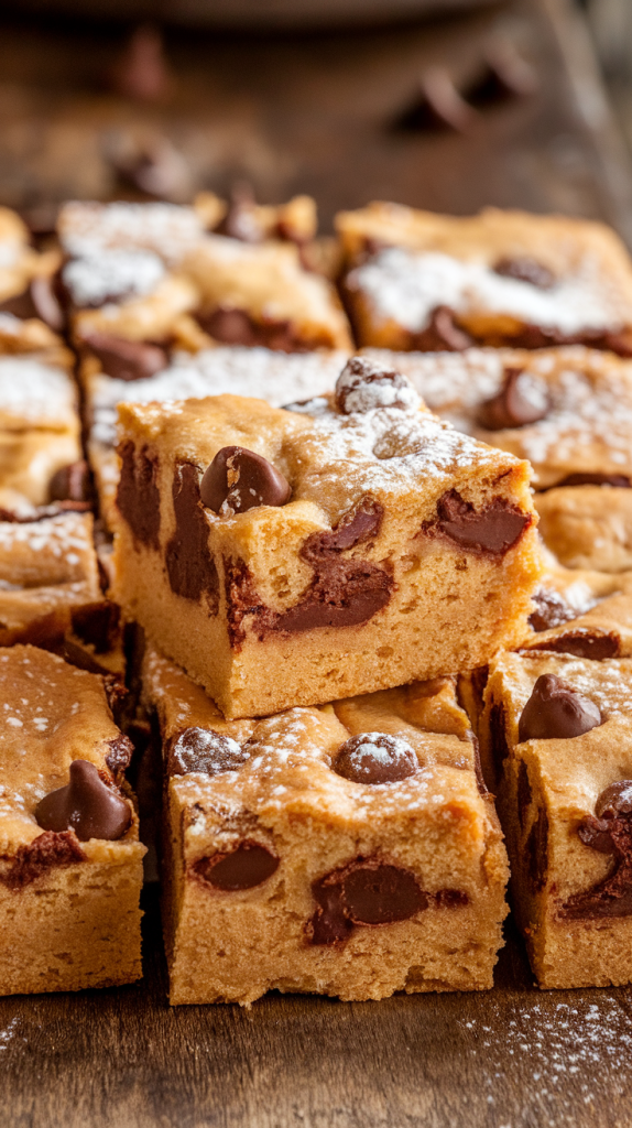 Delicious sourdough blondies with chocolate chips on a rustic wooden tray.