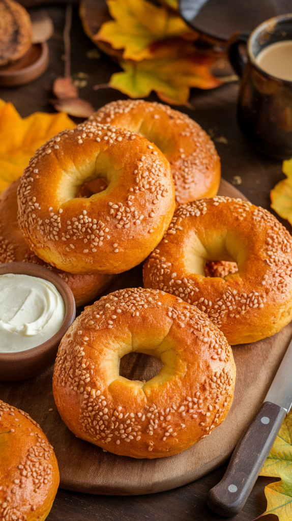 Freshly baked pumpkin sourdough bagels with cream cheese on a wooden board, surrounded by autumn decor.