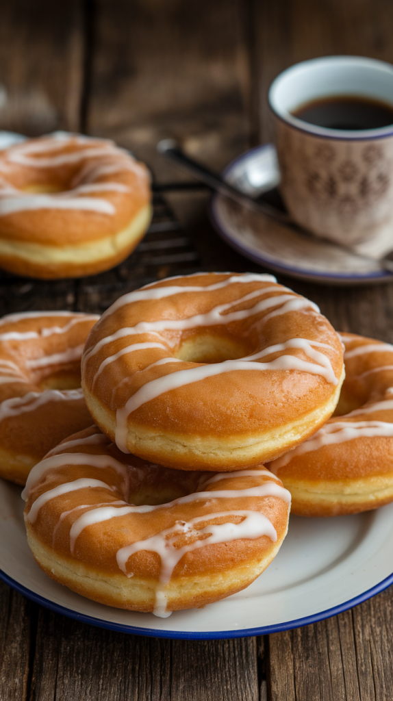 A stack of glazed sourdough donuts on a plate with a warm cup of coffee in the background.