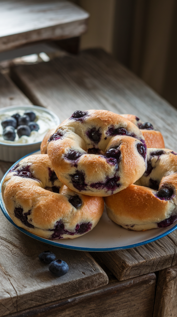 Freshly baked blueberry sourdough bagels with visible blueberries, served with cream cheese on a rustic table.