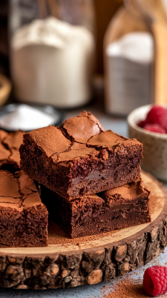 Fudgy sourdough brownies with chocolate chips, sprinkled with sea salt on a rustic plate.