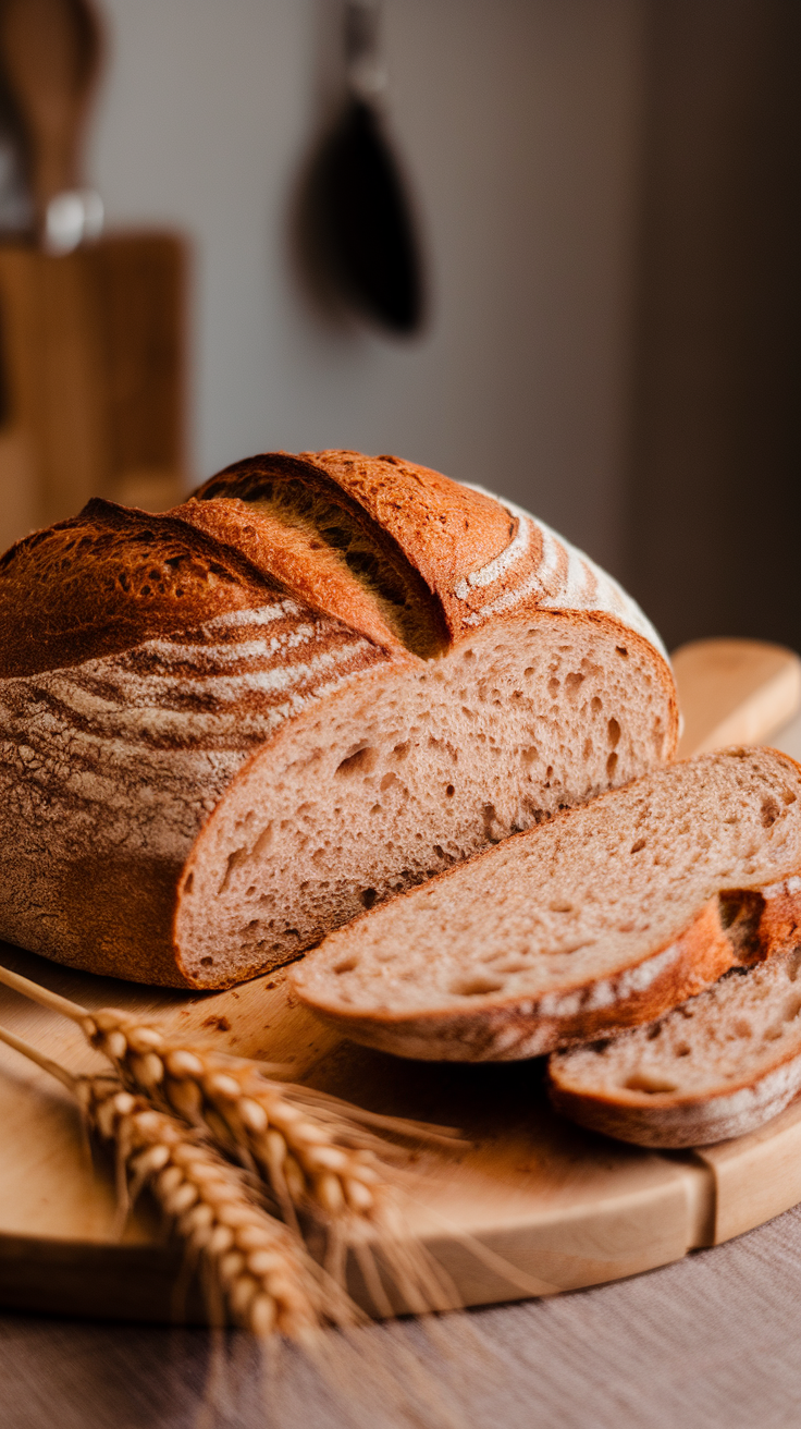 Rustic whole wheat sourdough bread loaf on a wooden board with a slice cut to show the soft interior.