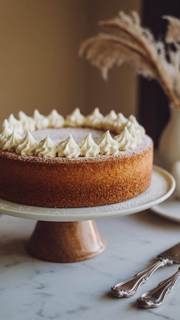 A close-up of a plain sourdough vanilla cake on a cake stand on a white marble table. The cake is dusted with sugar and topped with dollops of whipped cream along the border at the top. Warm, neutral tones add to the inviting appeal. Clean, light aesthetic. Soft natural light.