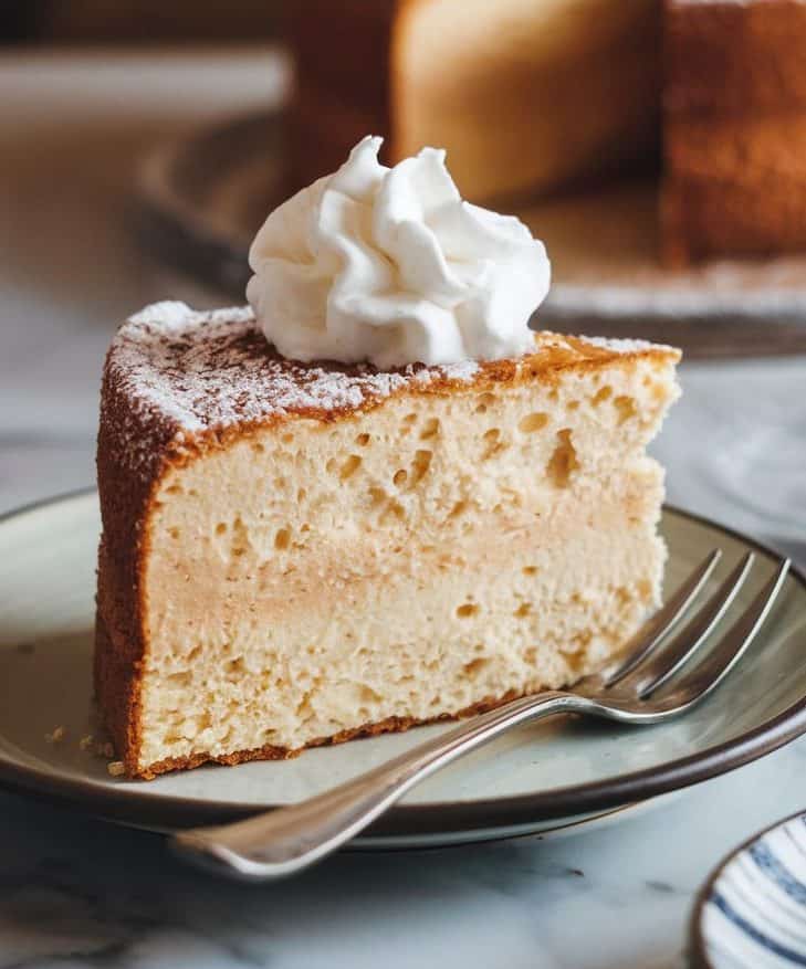 A close-up of a slice of plain sourdough vanilla cake on a plate on a white marble table. The cake features only a sourdough cake texture with no filling, no cream. The cake is dusted with sugar and topped with a dollop of whipped cream at the top.