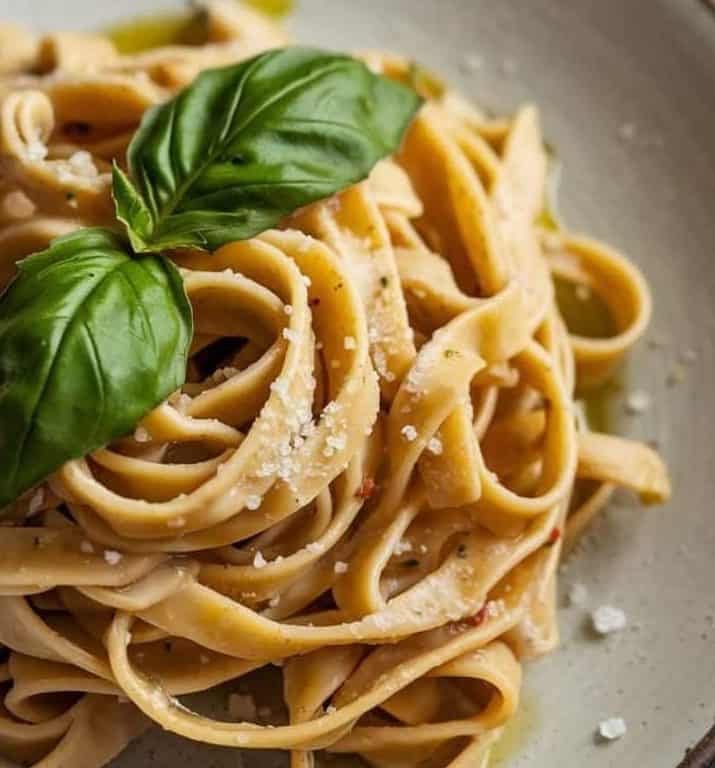 Sourdough noodles served fresh on a ceramic plate. Drizzled with olive oil, topped with sea salt and basil