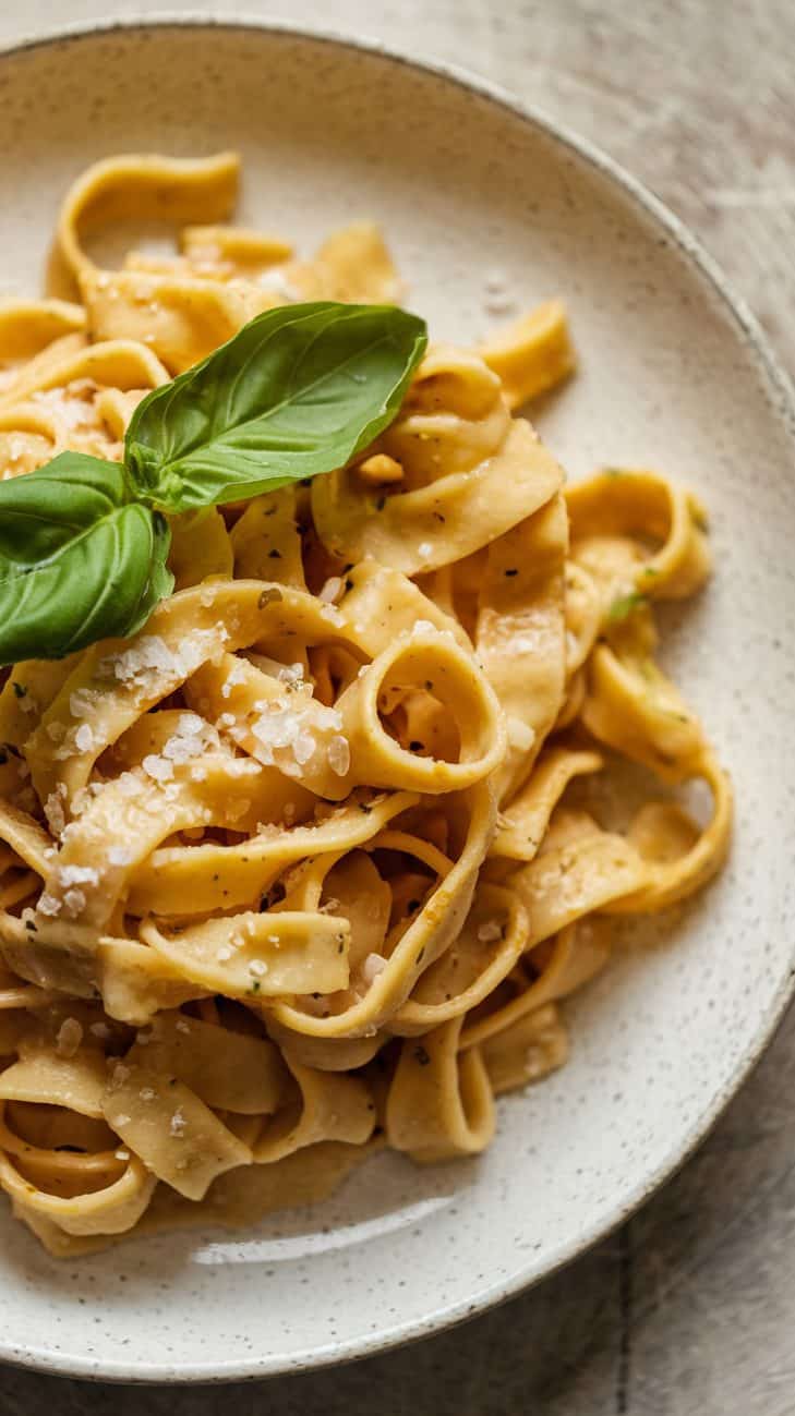 A close up on freshly cooked, golden sourdough fettucine noodles served on a simple white ceramic plate, lightly tossed with olive oil and sprinkled with sea salt. A sprig of fresh basil rests on top.