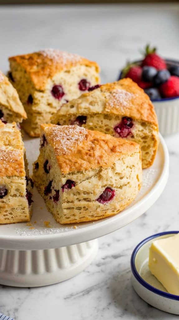 Freshly baked sourdough scones with dried fruit and dusted with sugar