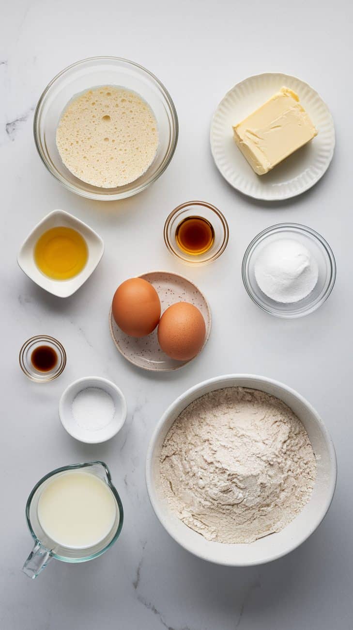 A flat lay of a few of the ingredients for sourdough vanilla cake