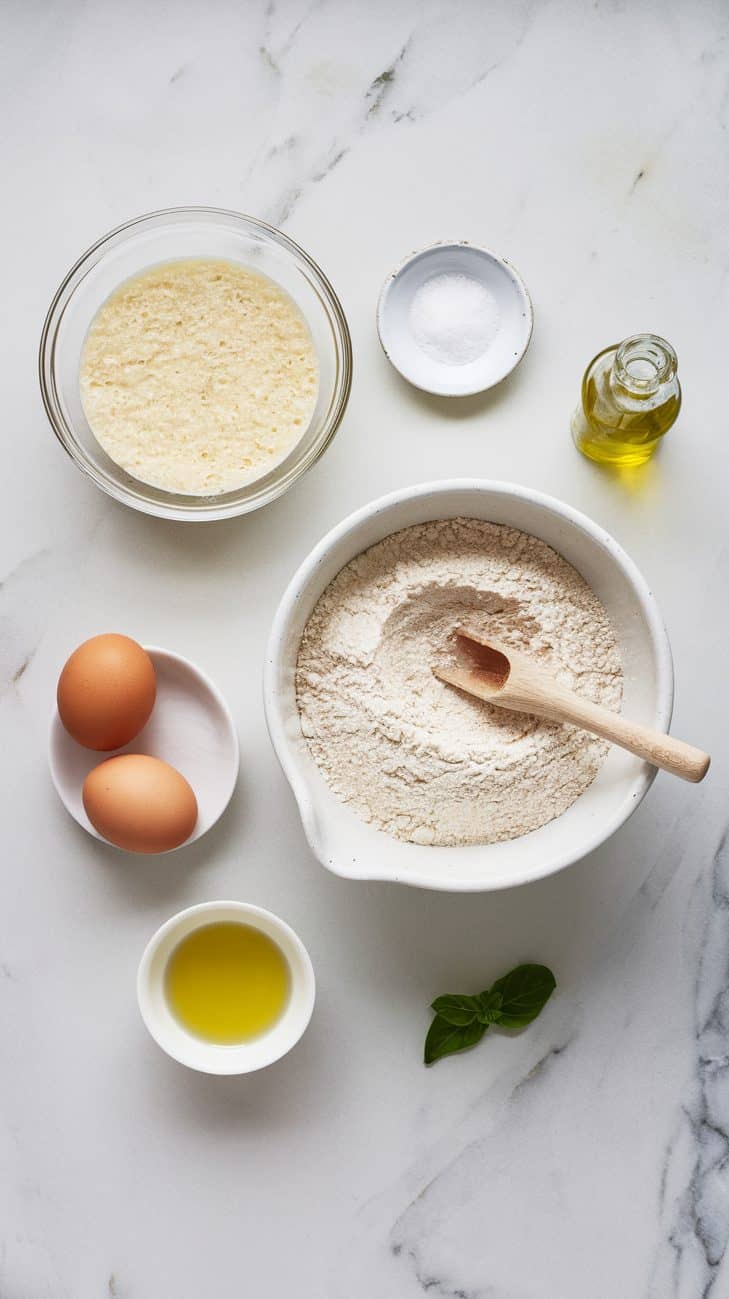 A flat lay of ingredients of sourdough noodles