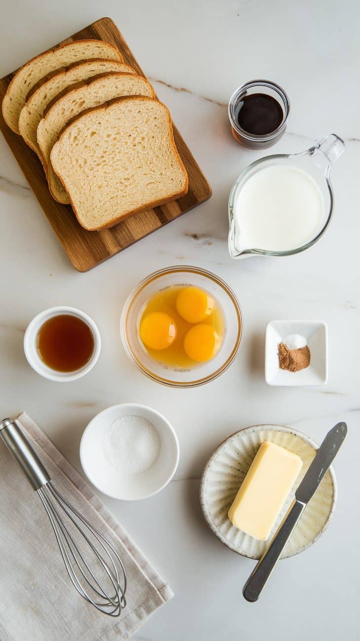 A flat lay of ingredients for sour dough French toast