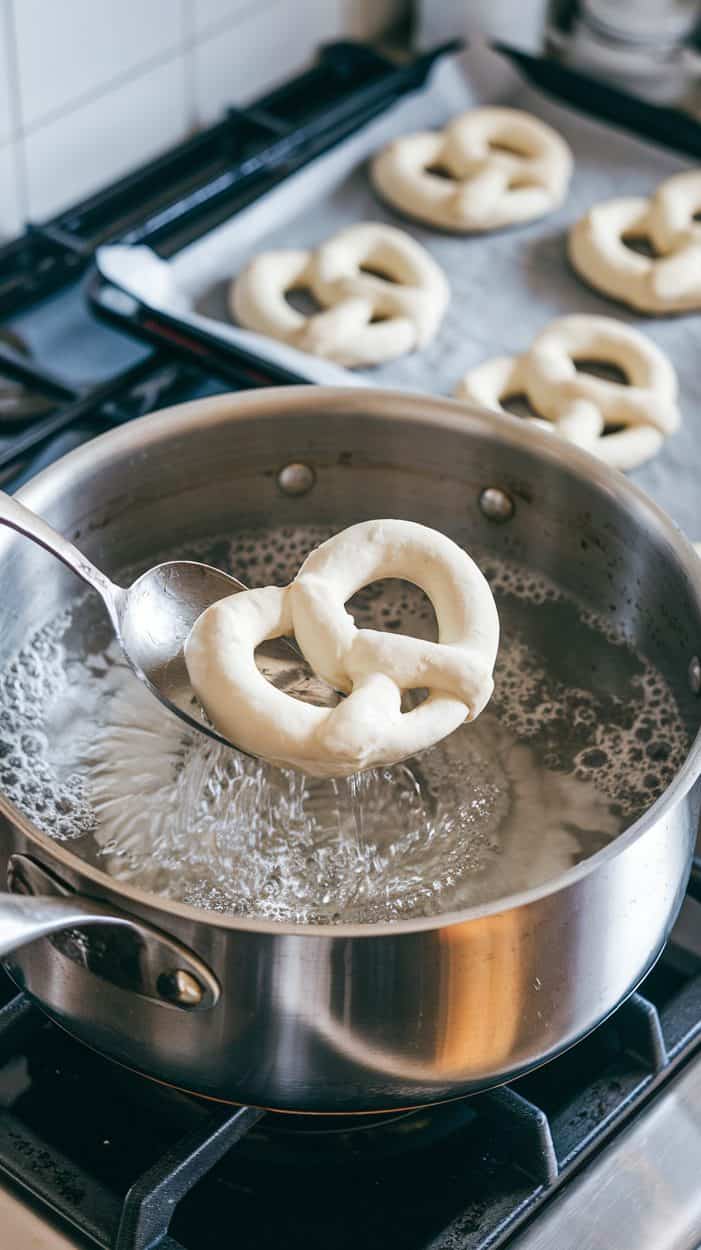 Pretzel being dropped in a baking soda bath