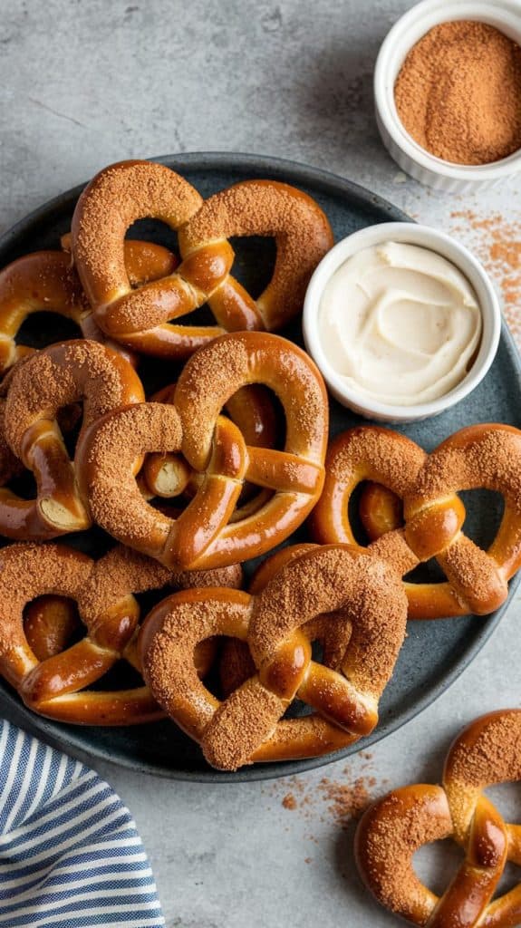 A plate of freshly baked sourdough pretzels dusted with cinnamon sugar with a small bowl of cream cheese
