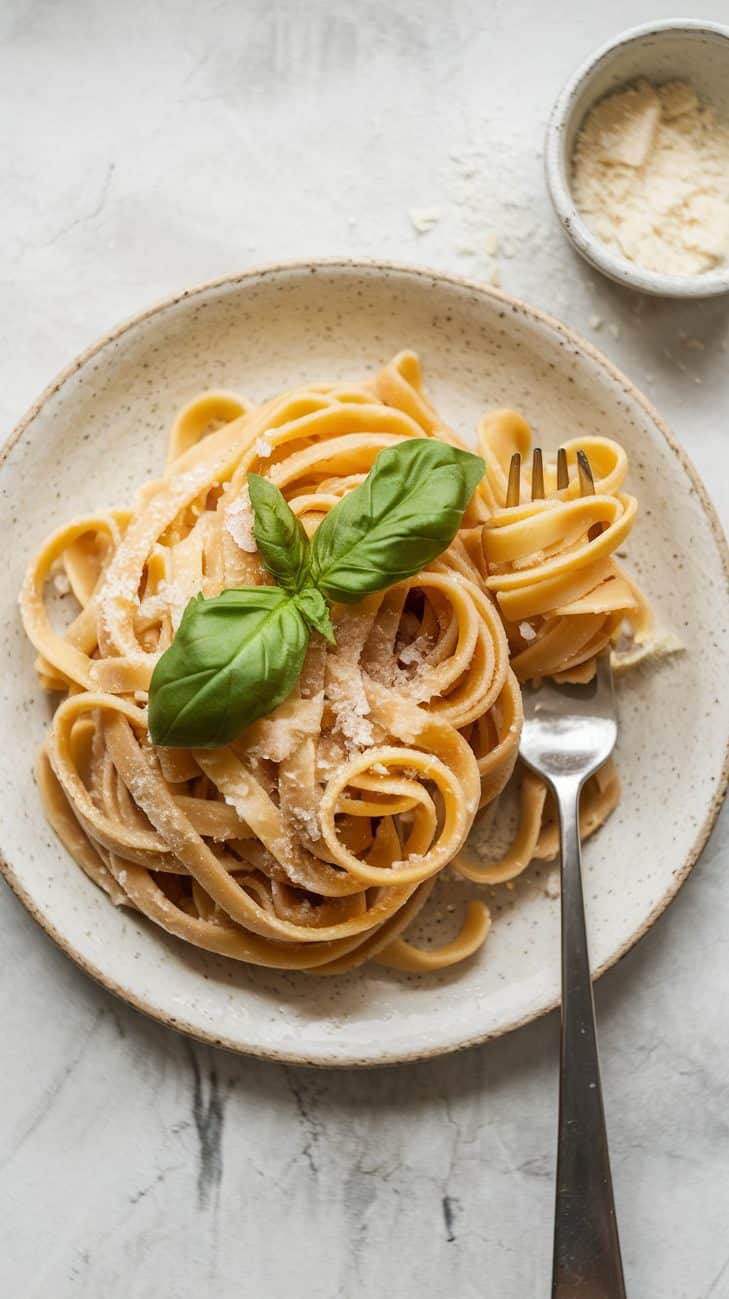 Sourdough noodles served fresh on a ceramic plate. Drizzled with olive oil, topped with sea salt and basil. A fork twirls some of the noodles.