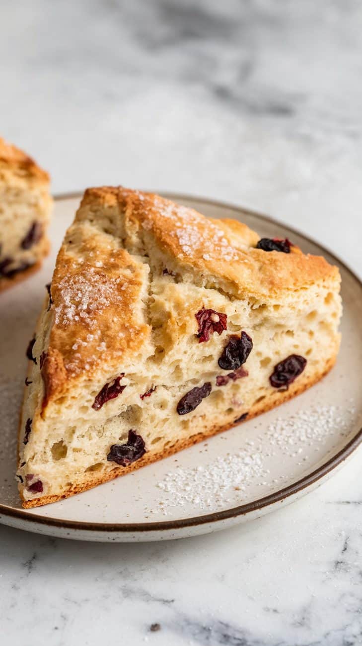 A plate of a freshly baked sourdough scone with fruit dusted with sugar