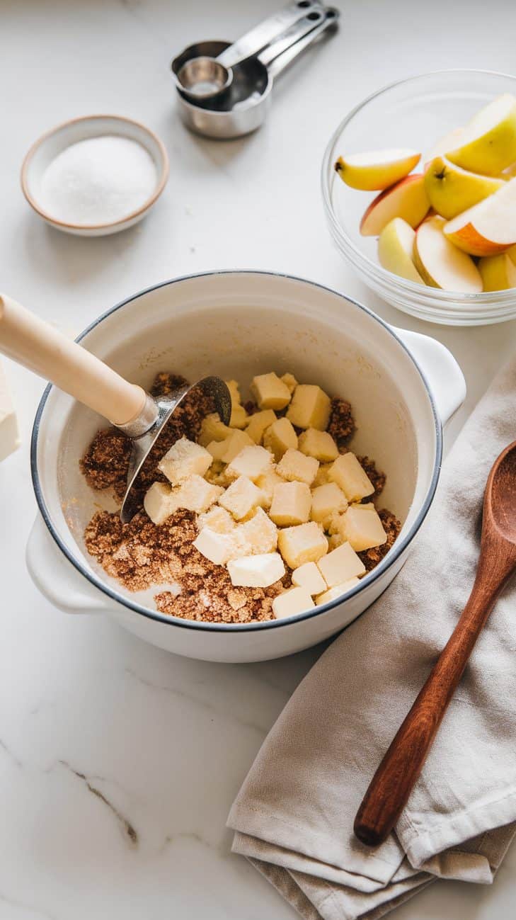 Sourdough discard, flour, salt, and diced butter in a bowl mixed by a pastry cutter