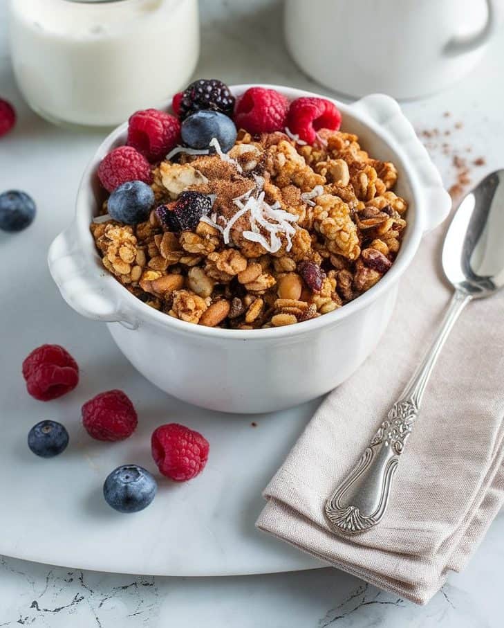 Homemade sourdough granola served with different berries in a ceramic bowl, surrounded by a spoon on a napkin, a glass of milk, and a mug.