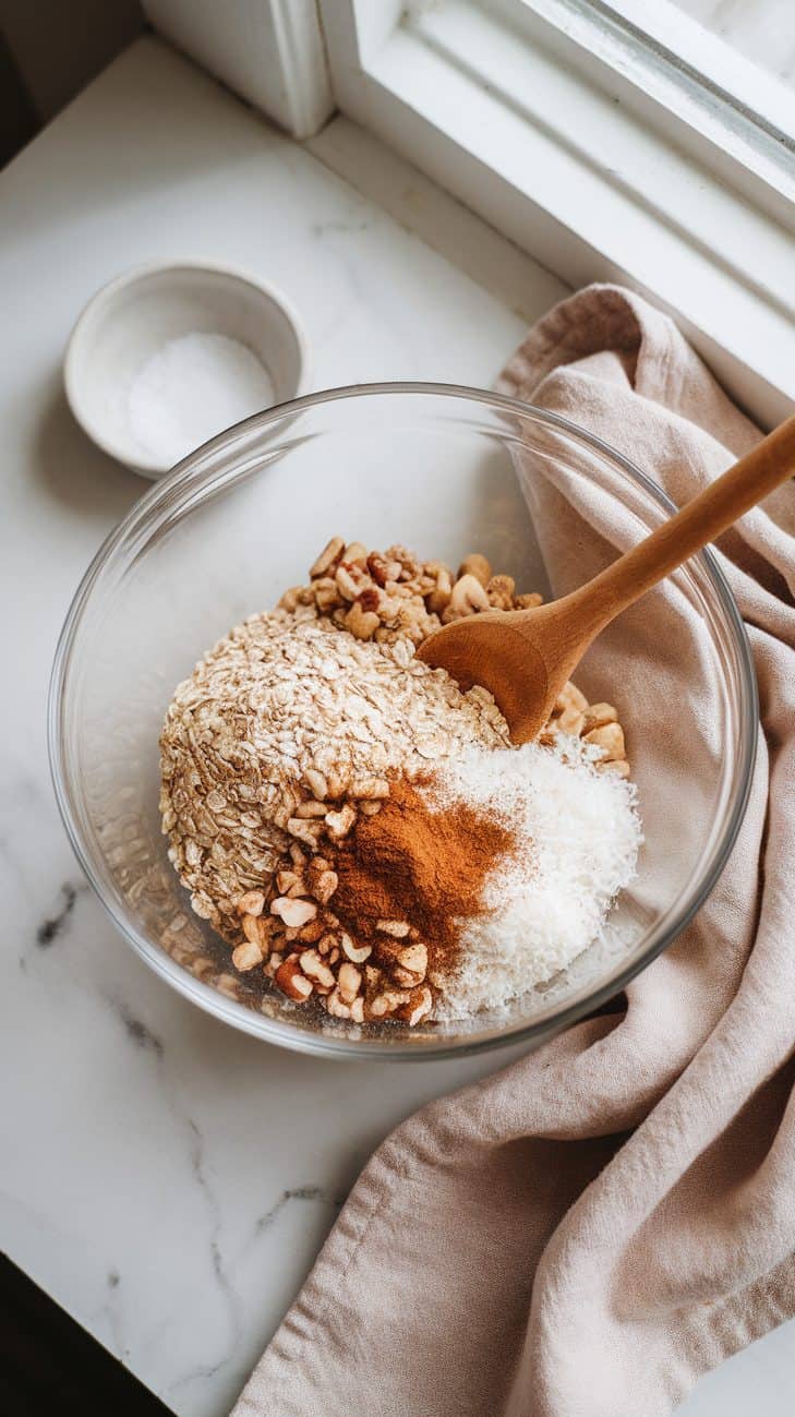 Dry ingredients for sourdough granola mixed in a glass bowl with a wooden spoon