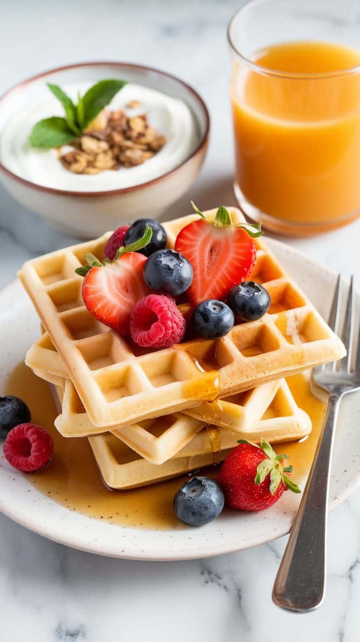 A plate of stacked sourdough discard waffles served with maple syrup, berries, and garnish. At the back are a glass of juice and a little bowl of yogurt with granola.