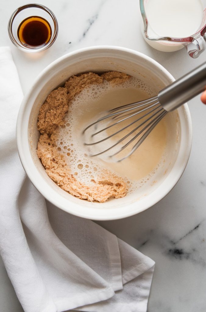 The dry and wet ingredients for sourdough discard muffins are whisked together