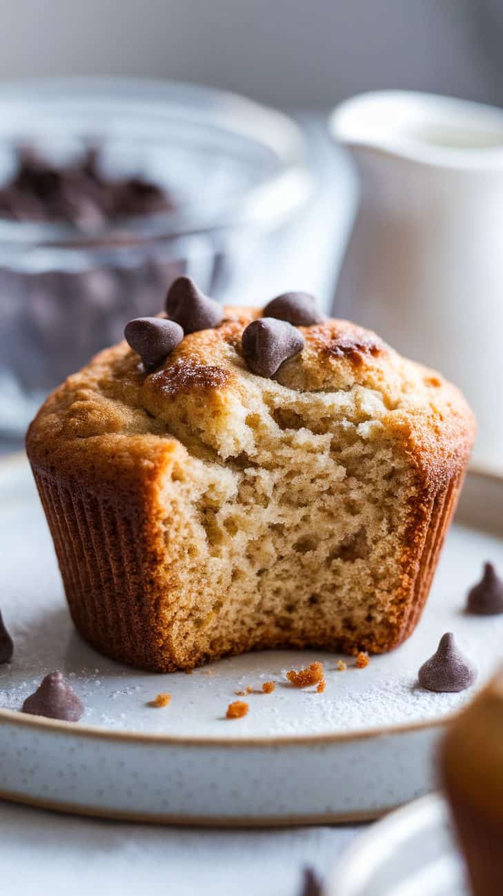 A close-up of a single sourdough discard muffin already bitten in half. It is surrounded by crumps and chocolate chips on its plate.