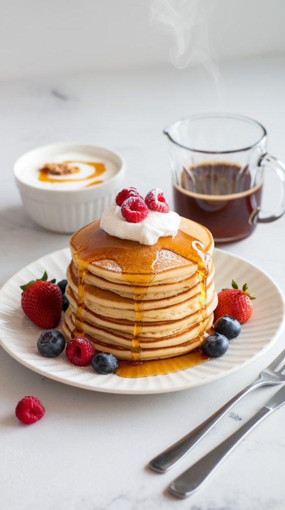 A plate of stacked sourdough pancakes, topped with cream and berries. At the back are a bowl of yogurt and a cup of coffee