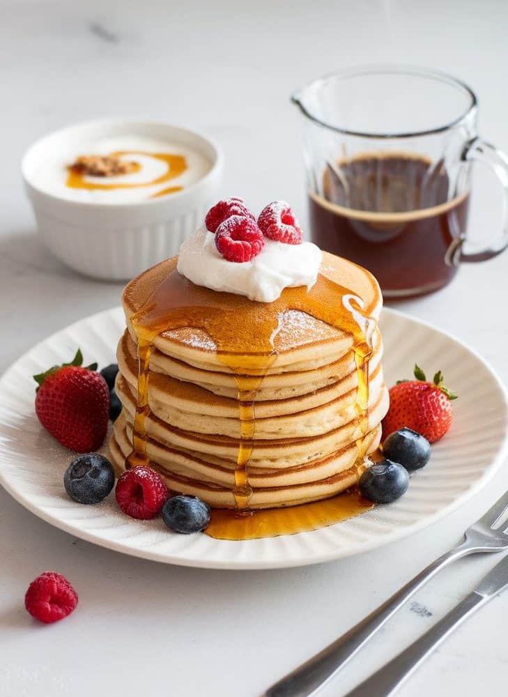 A plate of stacked sourdough pancakes, topped with cream and berries. At the back are a bowl of yogurt and a cup of coffee