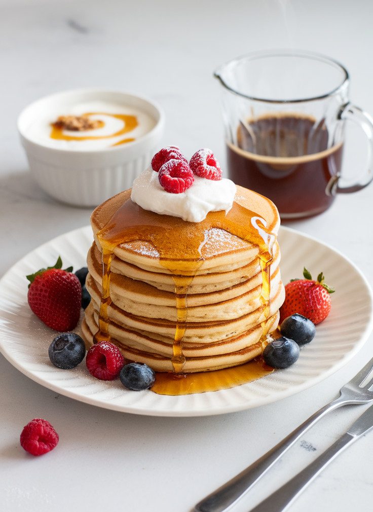 A plate of stacked sourdough pancakes, topped with cream and berries. At the back are a bowl of yogurt and a cup of coffee