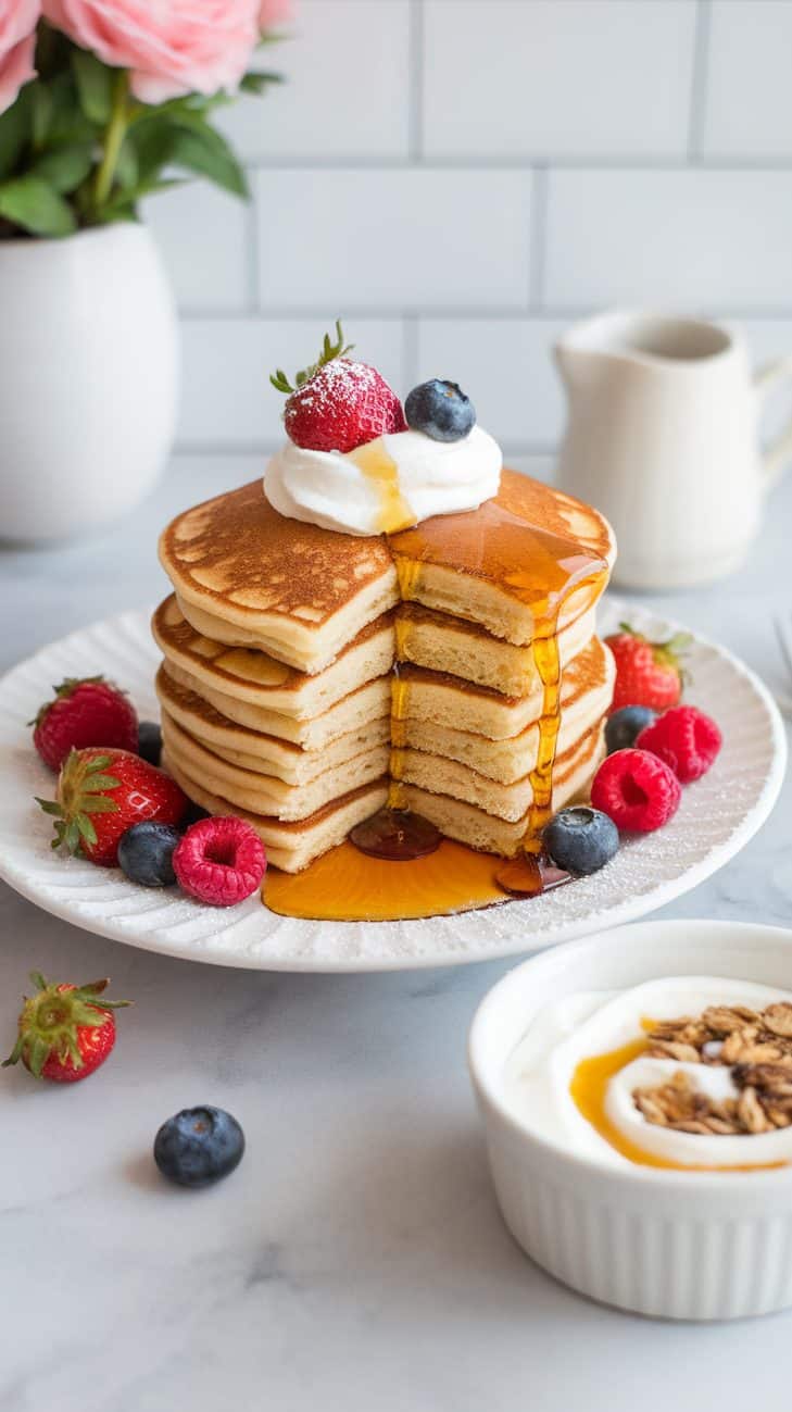 A stack of sourdough pancakes partly sliced off, topped with cream, berries, and honey.