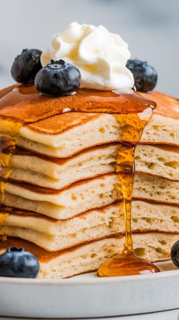 A stack of sourdough pancakes topped with cream, blueberries, and honey