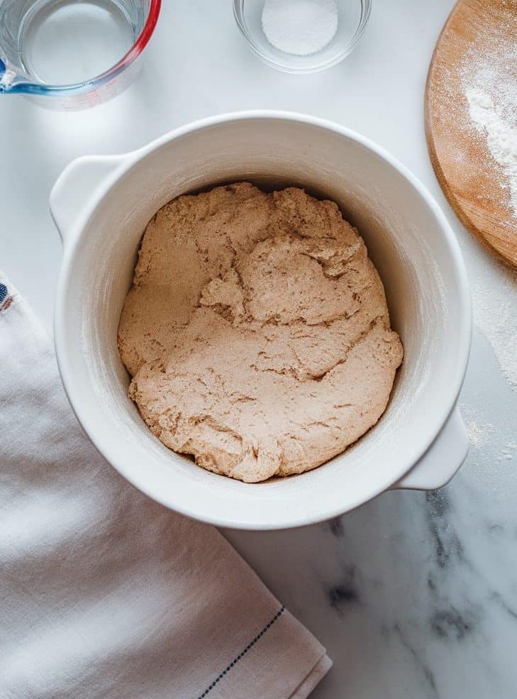 Dough for sourdough pretzels mixed in a bowl