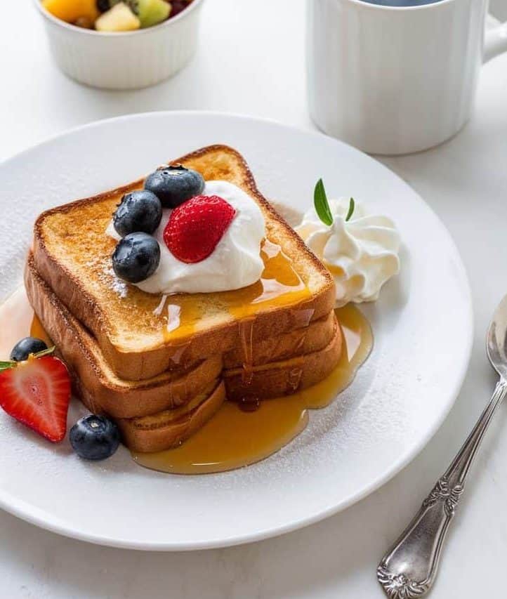 Sourdough French toast stacked and served with cream, honey, and berries. At the back are a bowl of fruit and a mug of coffee