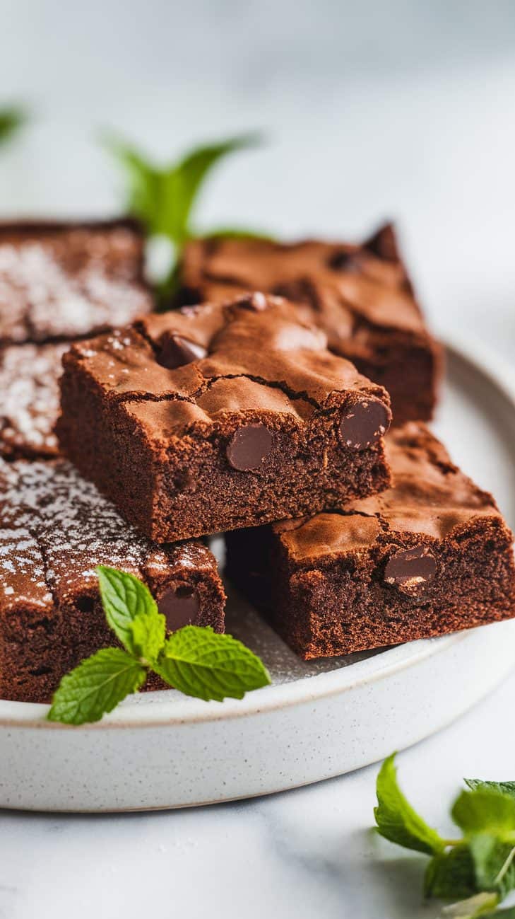 A close-up of a stack of sliced sourdough brownies on a white ceramic plate, dusted with sugar, showcasing chocolate chips and their fudgy texture and crackly top. Little sprigs of mint as garnish.