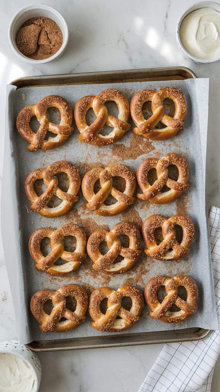 Top view of twelve baked sourdough pretzels coated and dusted with cinnamon-sugar on a baking sheet lined with parchment paper, giving them a warm, caramelized look. A small bowl of extra cinnamon sugar and a tiny dish of cream cheese icing are placed beside the sheet for serving. Background is a white marble table. Clean aesthetic. Soft natural light.