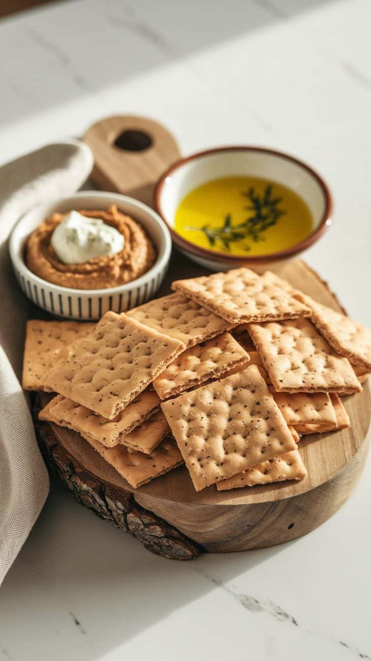 A beautiful wooden board holds a pile of small square, lightly spiced sourdough crackers, some broken to show their flaky texture. A small dish of hummus, cheese, or herbed olive oil sits beside them for dipping. Soft natural lighting and a linen napkin complete the inviting setting. White marble surface.