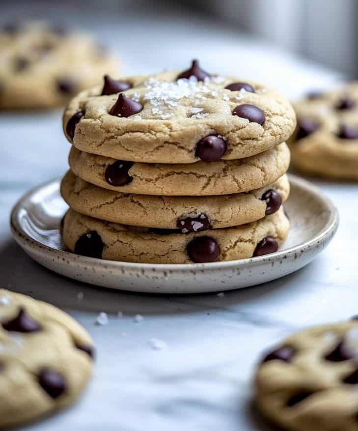 A close-up shot captures a small ceramic plate holding a stack of freshly baked sourdough chocolate chip cookies, sprinkled with a little sea salt. The background is blurred, with only the cookies in focus. White marble countertop. Bright, natural light cascades over the scene, creating a cozy and luxurious atmosphere.