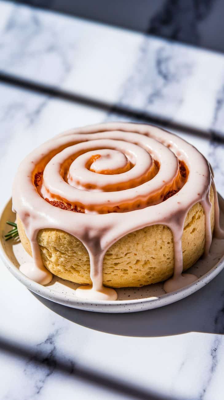A close-up shot of a sourdough orange roll on a small white ceramic plate, its soft, fluffy texture evident with visible orange zest and cinnamon filling. The spiral roll is covered with lots of rich white creamy glaze. Bright lighting, inviting atmosphere. White marble surface.