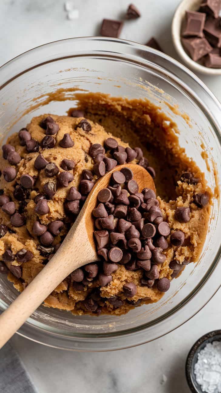 A close-up shot of cookie dough in a glass bowl, with chocolate chips and chunks being folded in.
A wooden spoon gently stirring a few chocolate chips and chunks into the rich, golden dough.
A few stray chocolate pieces scattered on the white marble surface for added texture.
A tiny dish of extra chocolate chunks and a pinch bowl of salt nearby for contrast.