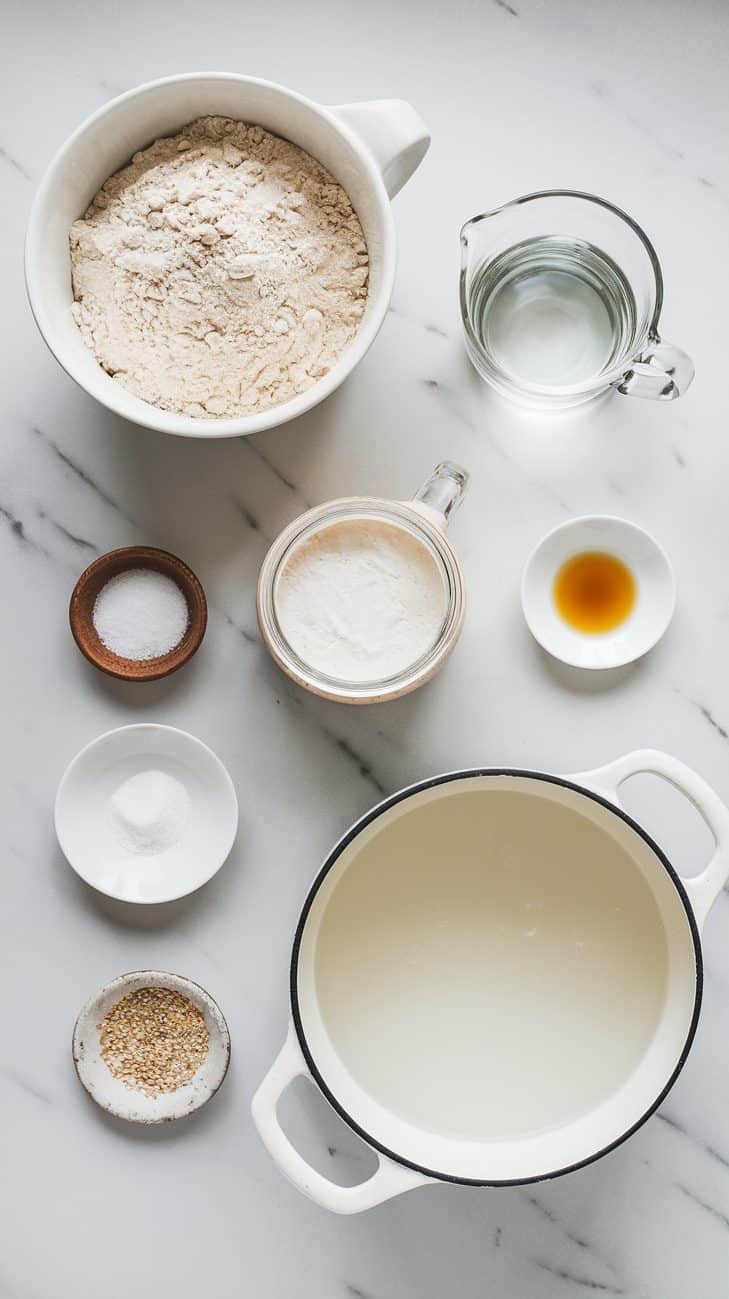 A flat-lay image of ingredients neatly arranged on a clean, white marble surface. The ingredients include:

A large white bowl containing 4 ½ cups bread flour.
A jar with ⅔ cup active sourdough starter (bubbly and well-fed).
A clear glass cup with ¾ cup warm water.
A tiny ceramic dish holding 2 teaspoons salt.
A small white dish with 1 tablespoon honey or sugar.
A tiny glass jar containing 1 tablespoon barley malt syrup (optional but recommended).
A large pot filled to the brim with water.
A small dish with sesame seeds