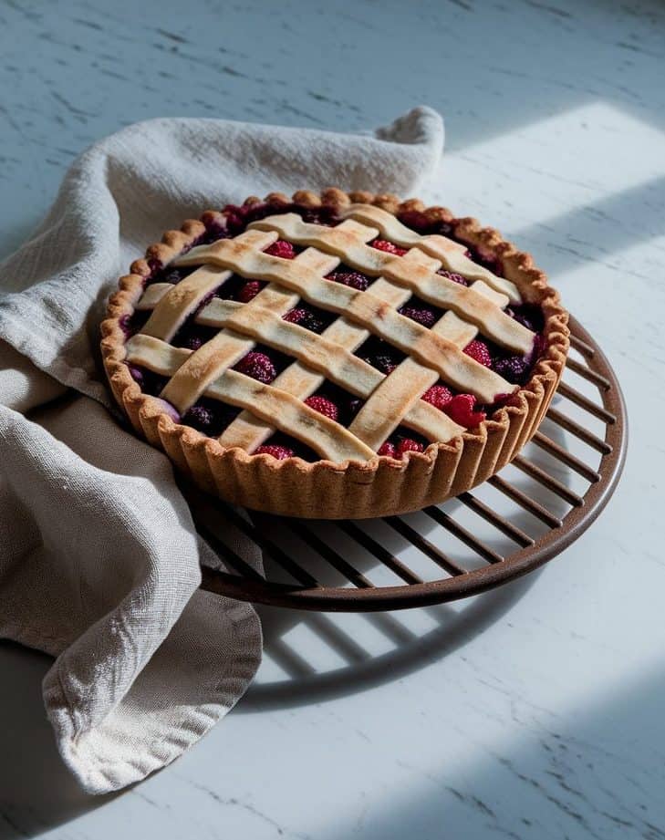 Top view of a freshly baked sourdough berry pie cooling on a rack on a white marble surface. A linen towel rests nearby.