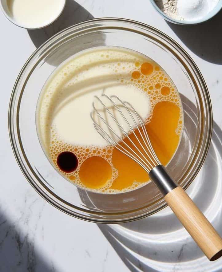 A large clear glass mixing bowl on a white marble surface contains some of the wet ingredients for sourdough orange rolls. A stainless steel whisk with a wooden handle is partially submerged in the bowl. Nearby, a separate bowl with some of the dry ingredients are ready to be incorporated. The setting is clean, with soft natural light highlighting the ingredients.