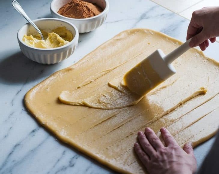 A large rectangle of dough is spread out fully on a pristine white marble surface. With meticulous care, butter is already spread across the dough using a white rubber spatula. Nearby, a big bowl of creamy butter and a little bowl filled with cinnamon sugar and a spoon sit side by side.