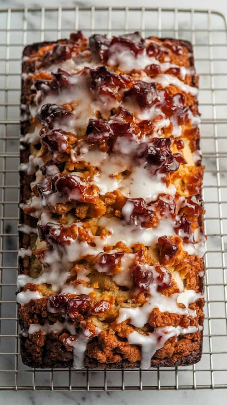 A thoroughly baked browned long apple fritter bread loaf on a cooling rack atop the white marble surface. A small amount of fine minced apple crumbs peeking through the browned loaf are very deeply caramelized that they look translucent, deep dark brown, and glossy. They peek through a few random very tiny spots. The top of the bread is crumbly in texture yet moist, dark brown, and juicy and is covered in a rich white glaze that drips.