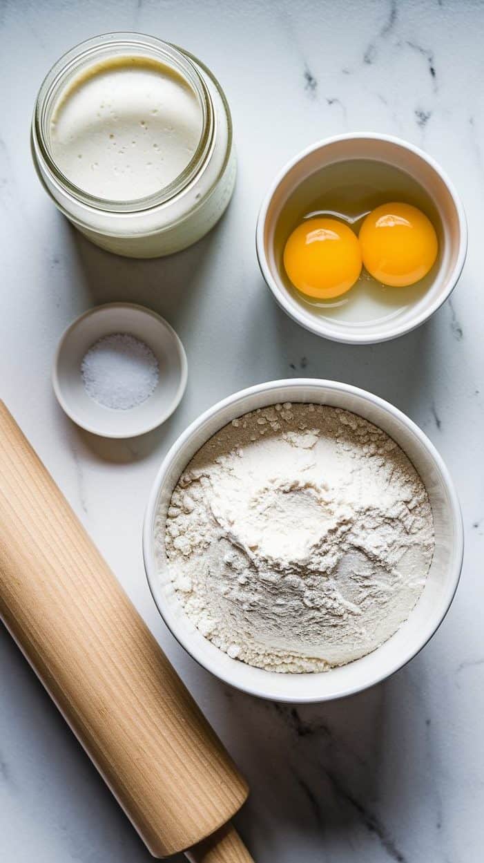 A neatly arranged overhead shot of ingredients on a white marble surface:
A jar of sourdough starter, white and slightly bubbly.
A bowl of 2 cups all-purpose flour.
A bowl of 2 fresh eggs, their golden yolks visible.
A tiny dish of sea salt.
A rolling pin rests beside the ingredients, ready for use. Soft, natural lighting highlights the fresh, wholesome components.