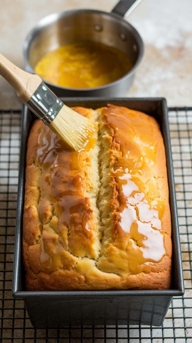 A golden-brown sourdough lemon loaf rests in its pan on a wire rack, freshly baked. The surface has slight cracks, showing a tender, airy crumb inside. In the background, a small saucepan with a translucent yellow syrup mixture is being brushed over the warm loaf with a pastry brush for extra moisture and tang. The top of the loaf is now glazed with the glossy yellow syrup with a wet brush.