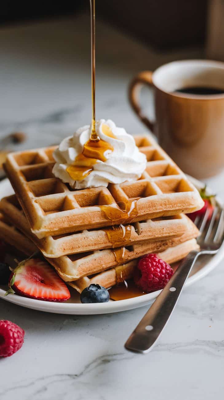 A photo of a stack of freshly baked sourdough waffles on a white ceramic dish on a white marble surface. The waffles have a crisp, golden-brown exterior with deep squares. They are topped with a swirled dollop of whipped cream and a drizzle of maple syrup cascading down. Slices of fresh berries add color and texture. A fork rests beside the plate, and a warm mug of coffee sits in the background. The lighting is soft, creating a cozy, inviting atmosphere.