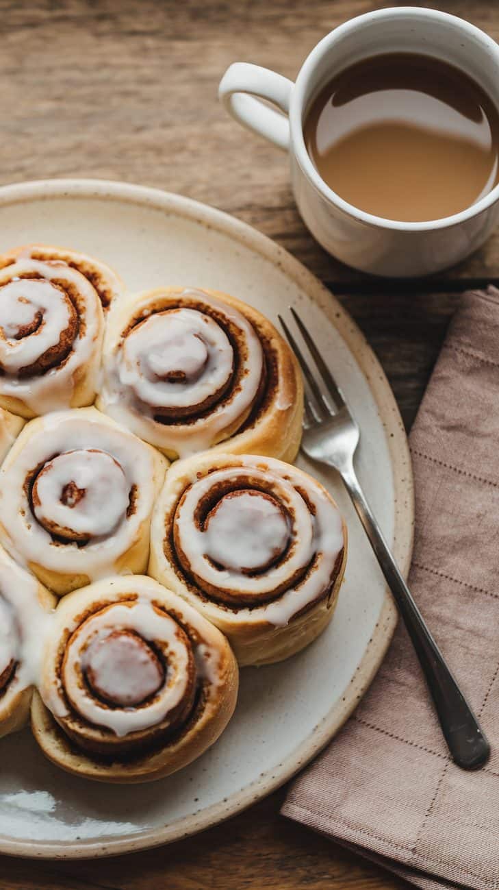 Top view of cinnamon rolls on a large white ceramic plate. The rolls are drizzled with a glossy white glaze, with a fork resting beside it. Beside the plate of is a warm cup of coffee and a folded linen napkin, creating an inviting, cozy atmosphere.