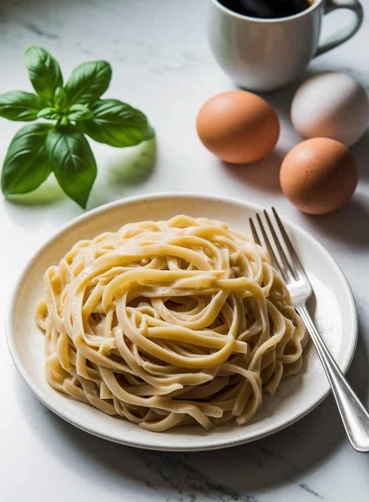 A plate of fresh egg noodles, tossed with olive oil. A fork, a mug of coffee, a sprig of basil, and 3 eggs rest nearby. White marble surface.