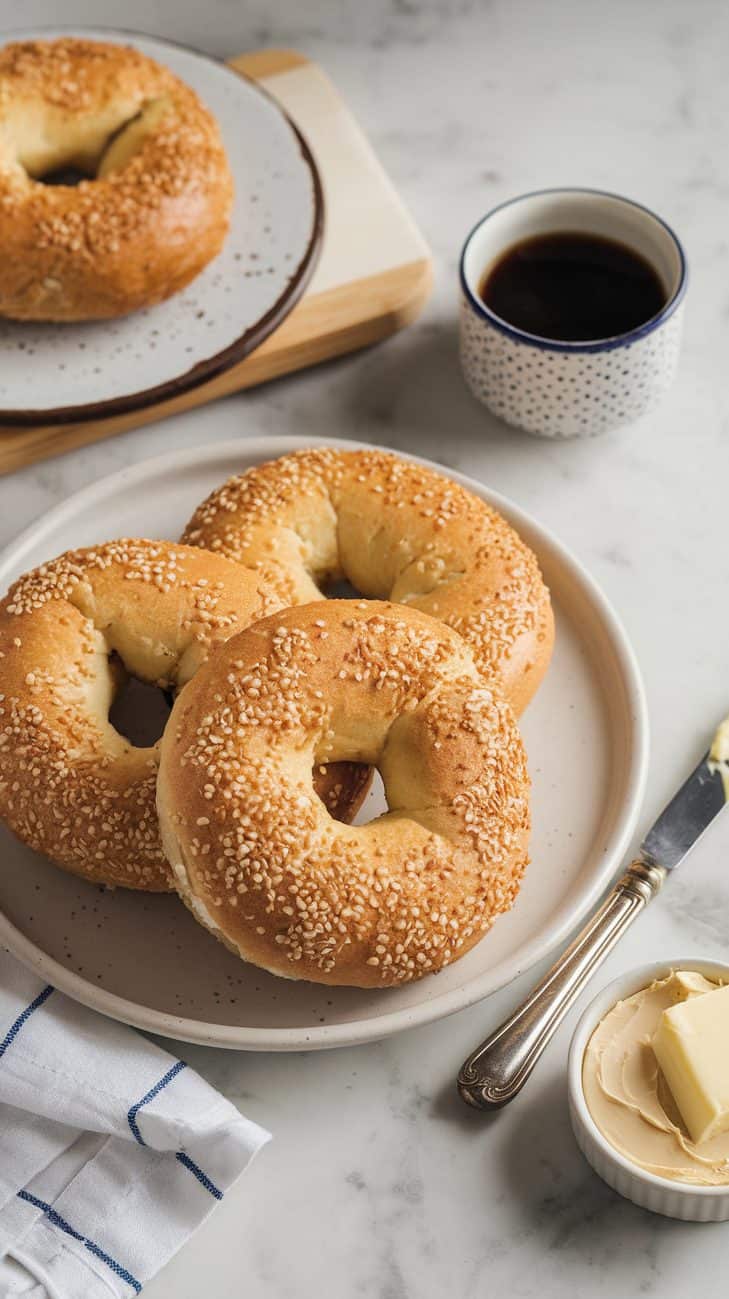 A serving scene on a white marble surface features a large white ceramic plate with freshly baked sourdough bagels with a deep golden-brown crust. A butter knife with a pat of butter rests nearby, and a small dish of cream cheese adds an inviting touch. A cup of coffee in the background completes the cozy, breakfast-ready aesthetic.