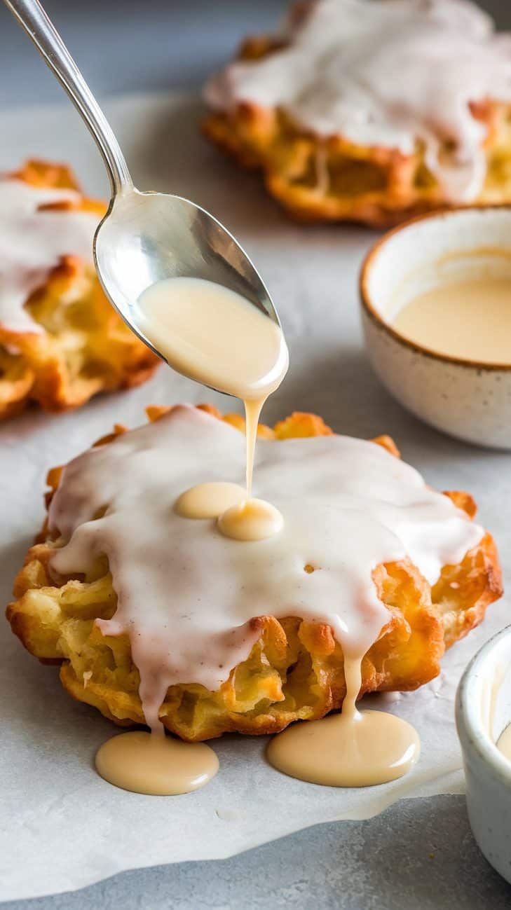A spoon drizzling a glossy white maple glaze over large puffy extra thick sourdough apple fritters. The glaze slowly cascades down the edges, pooling slightly on the parchment paper beneath. A small bowl of maple glaze sits beside the fritters.