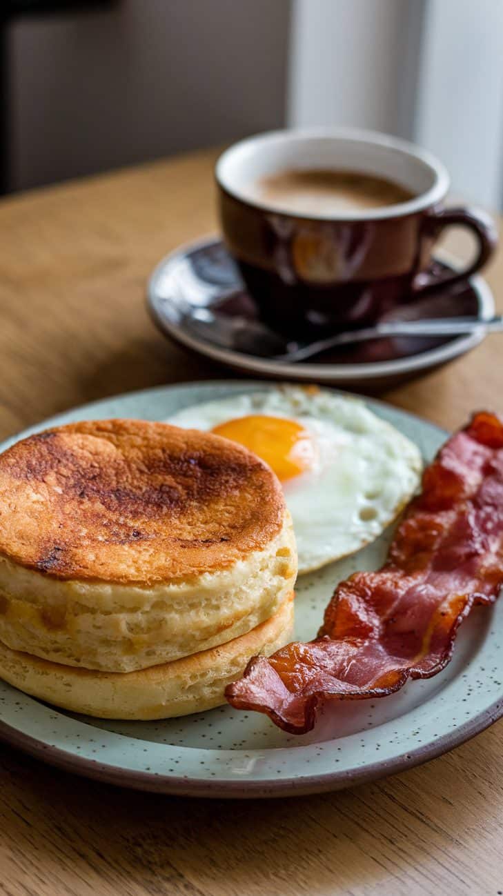 A thick puffy golden brown slightly charred English muffin on a ceramic plate. Beside the muffin are a fried egg and crispy bacon. A cup of coffee sits in the background.